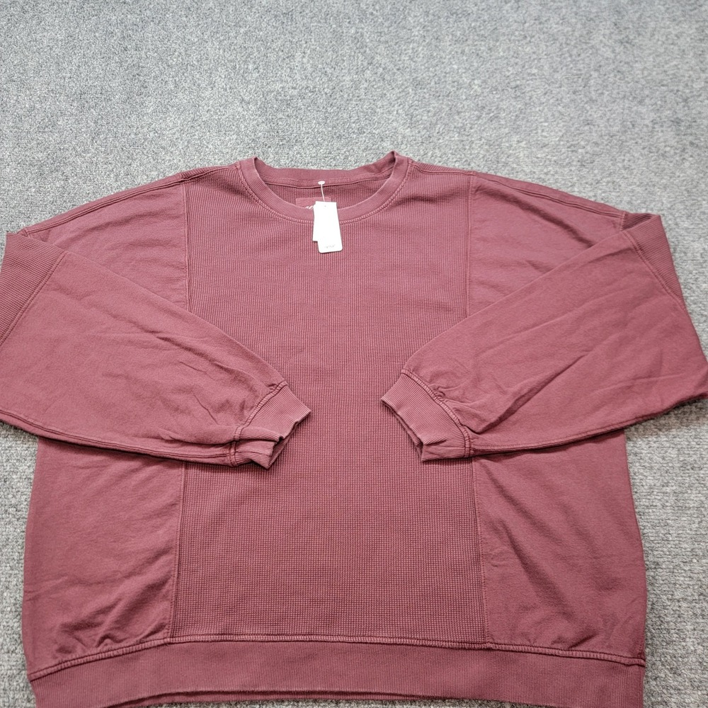 Aerie Real Good Oversized Waffle Knit Crewneck Sweatshirt Burgundy Medium NWT